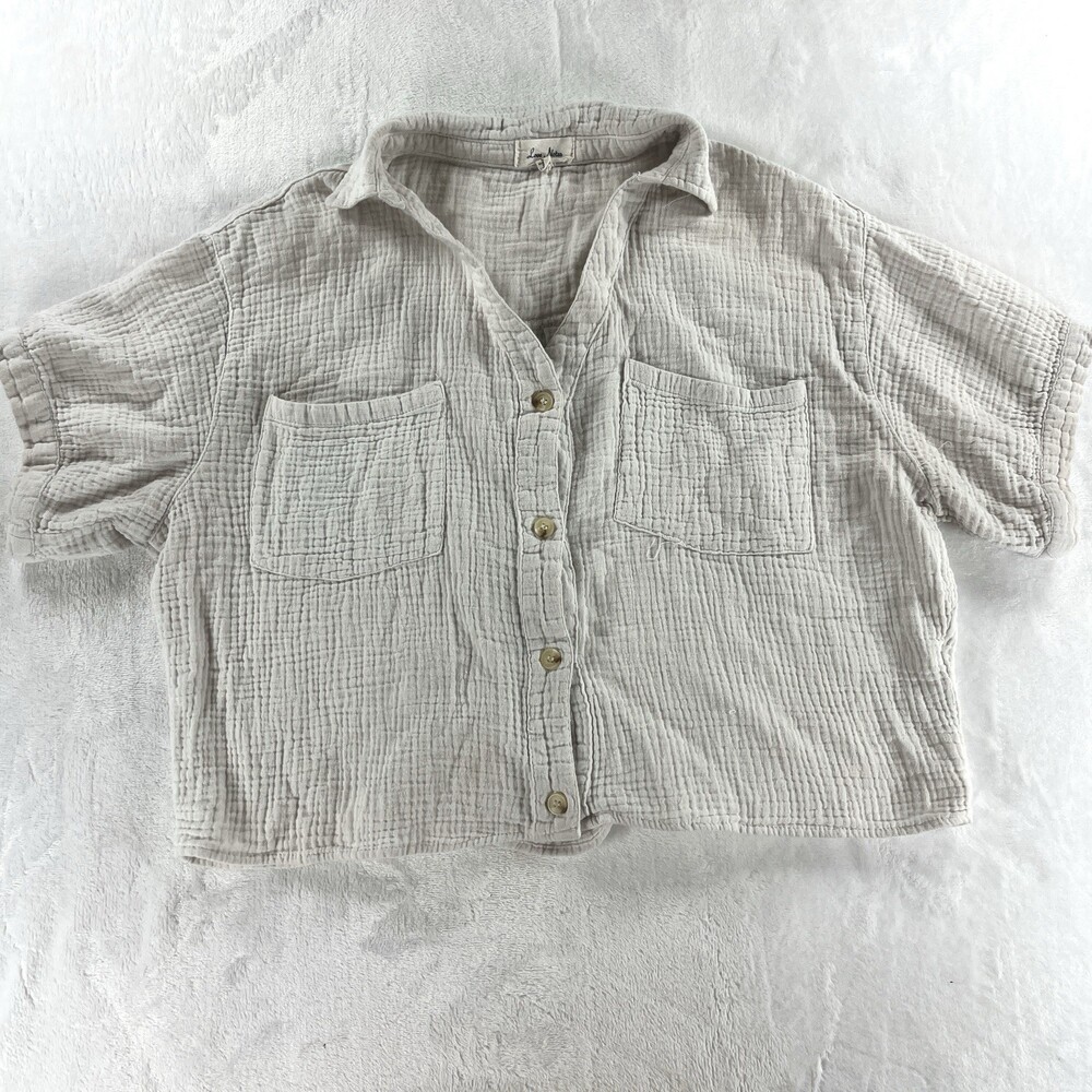 Love Notes Gauze Cropped Button Down Shirt L Off White Grey Boho Coastal